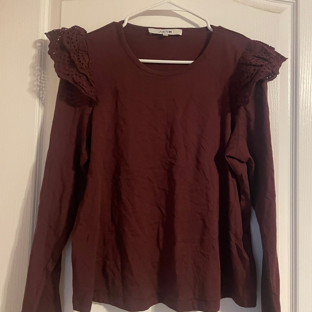 Joe's Jeans‎ Vineyard Wine Eyelet Ruffle Shoulder Long Sleeve Cotton Top Large